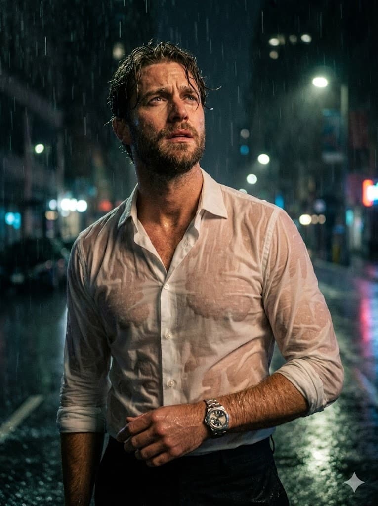 Nano Banana generated image: A hyper-realistic cinematic portrait of me standing in the rain at night. My hair is wet and tousled, raindrops glisten on my face, and i gazes upward with an intense, emotional expression. I wears a soaked white button-up shirt clinging to my body, and a luxury wristwatch gleams on his wrist. Dramatic moody lighting, deep shadows, water droplets frozen in motion, photography style. AR--3:4