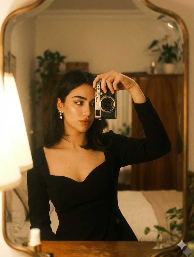 Nano Banana generated image: Vintage Self-Portrait PROMPT: Edit my photo amd create A stunning self-portrait of a woman, captured in a soft, warm light. The woman, with a flawless complexion and dark, shoulder-length hair, holds a vintage digital camera up towards the viewer, creating a sense of intimacy. She wears a black, elegant dress with a sweetheart neckline, enhancing her features. Gold earrings add a touch of luxury. The composition is a mirror selfie, with a hint of the room's surroundings visible in the blurred+
Use the face from the uploaded reference image and preserve the same facial features - do not alter the face. And Keep my face 100% accurate as shown on reference image