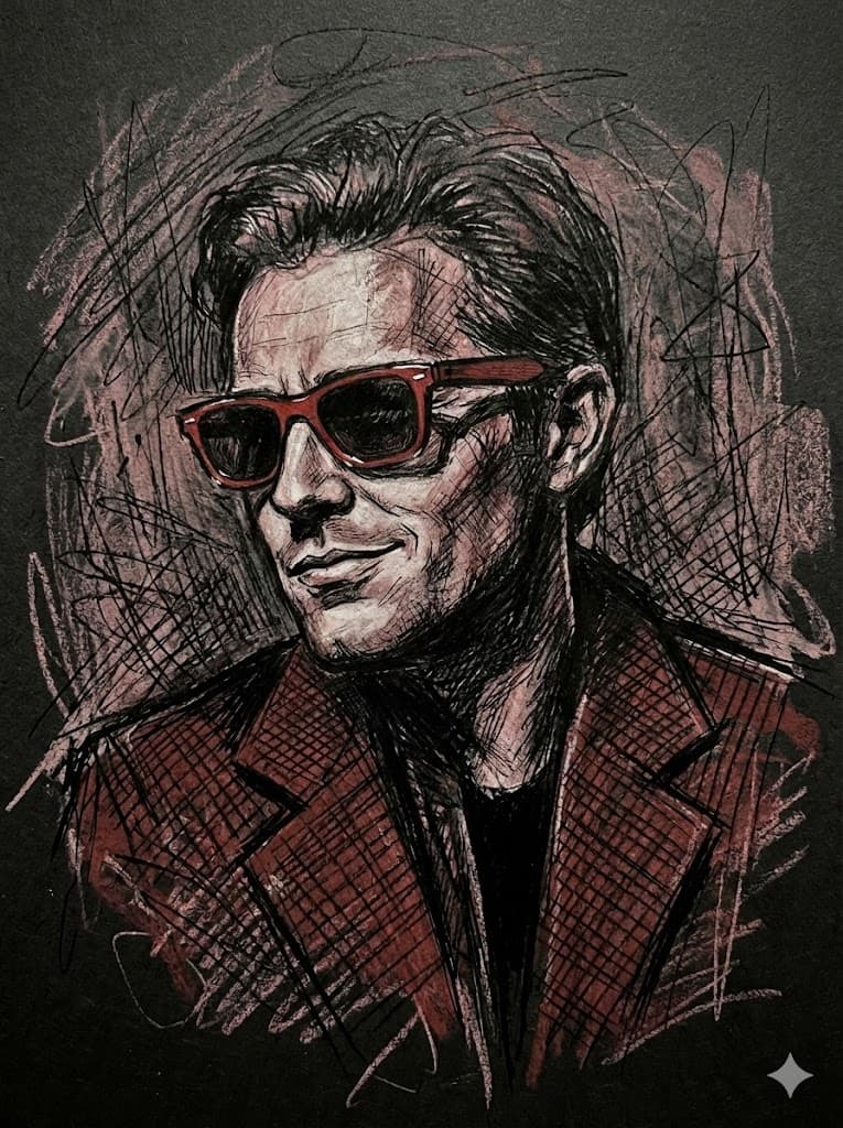 Nano Banana generated image: A rough hand-drawn grunge portrait of a confident man wearing bold red sunglasses and a red jacket, three-quarter view, head slightly turned and looking past the viewer with a subtle confident smirk, expressive cross-hatching pencil sketch style, dramatic shadows, intense expression, artistic chaotic linework background, black paper texture, charcoal and ink strokes, high contrast, cinematic lighting, illustrative poster art, moody atmosphere, muted tones with deep reds, ultra detailed sketch aesthetic, artistic composition, hyper-stylized portrait. AR--3:4