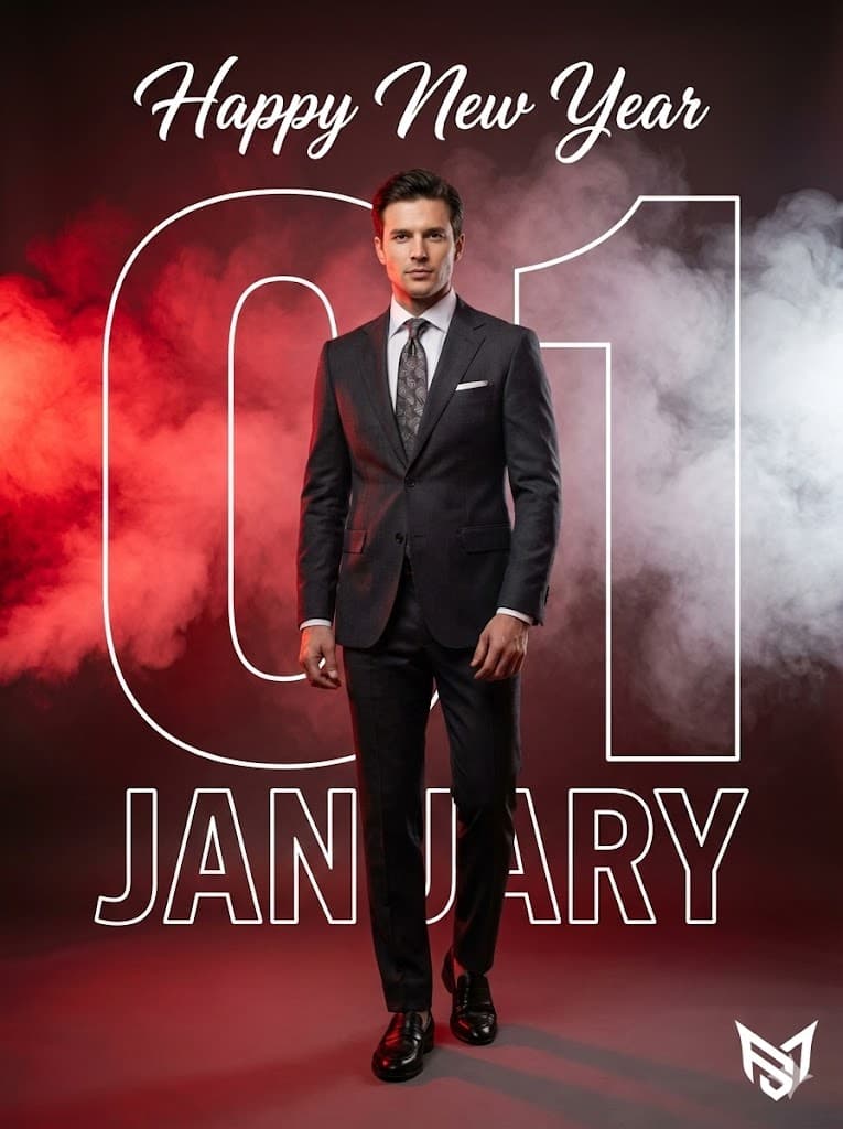 Nano Banana generated image: Photo of a classy modern man wearing polished black loafers, fashionable full body look. Text at the top in white script reads "Happy New Year". A large white outline number "01" dominates the background. The word "JANUARY" in large white outline font is positioned below the 01. Strong red and white smoke effect behind the 01. Dramatic studio lighting, but soft natural even lighting on face to ensure face is 100% match. High detailed natural skin texture, 8k resolution, cinematic quality. White logo in the bottom right corner. AR--3:4