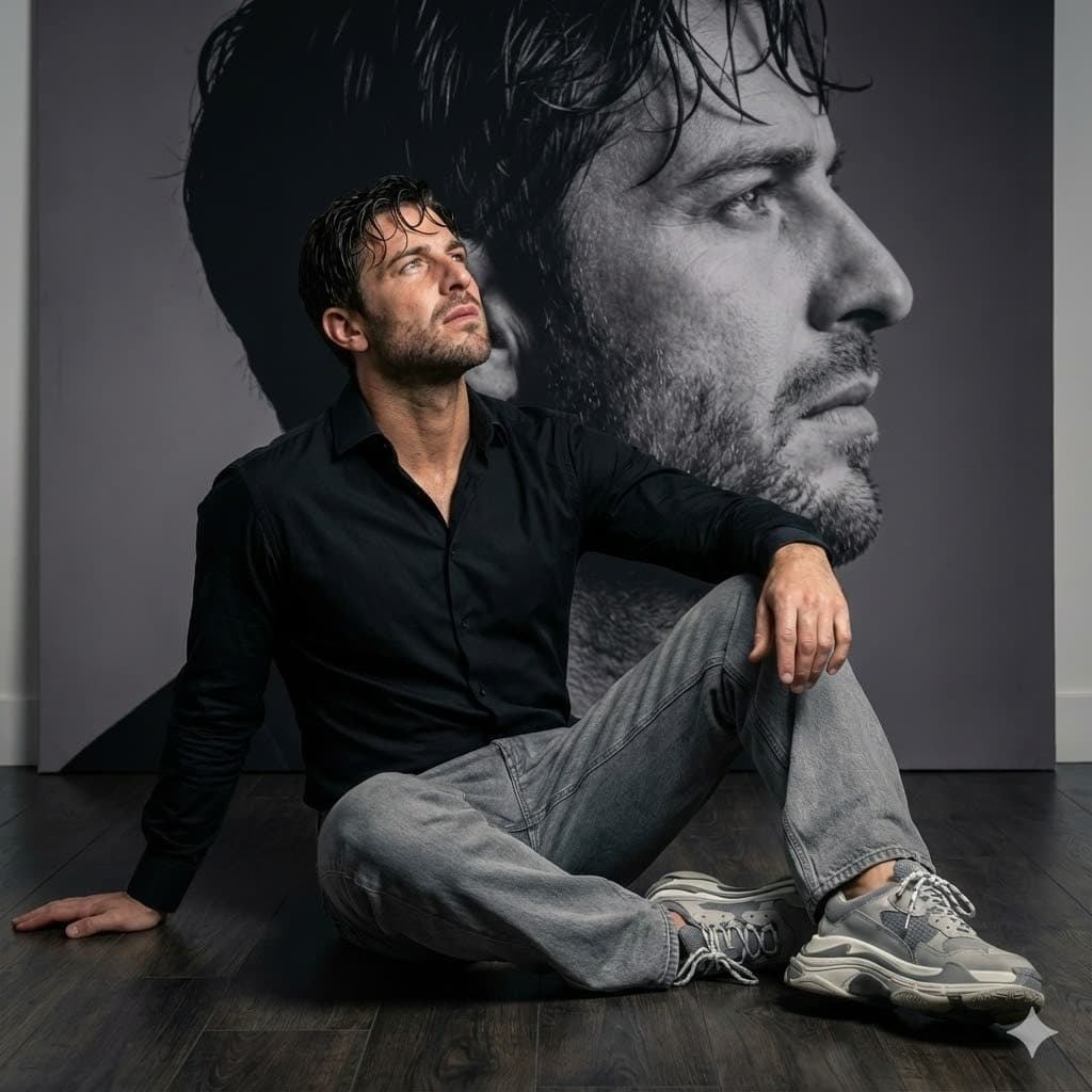 Nano Banana generated image: A hyper-realistic portrait. The face is preserved exactly as in the uploaded image—without any alterations.
The man sits elegantly on the floor, wearing a stylish black shirt, soft, loose-fitting gray jeans, and chunky gray-and-white sneakers.
He is looking upwards.
Background: A stylish black-and-white composition showing a large, soft, close-up profile shot of the same face, creating a cinematic feel to the double portrait. AR--1:1