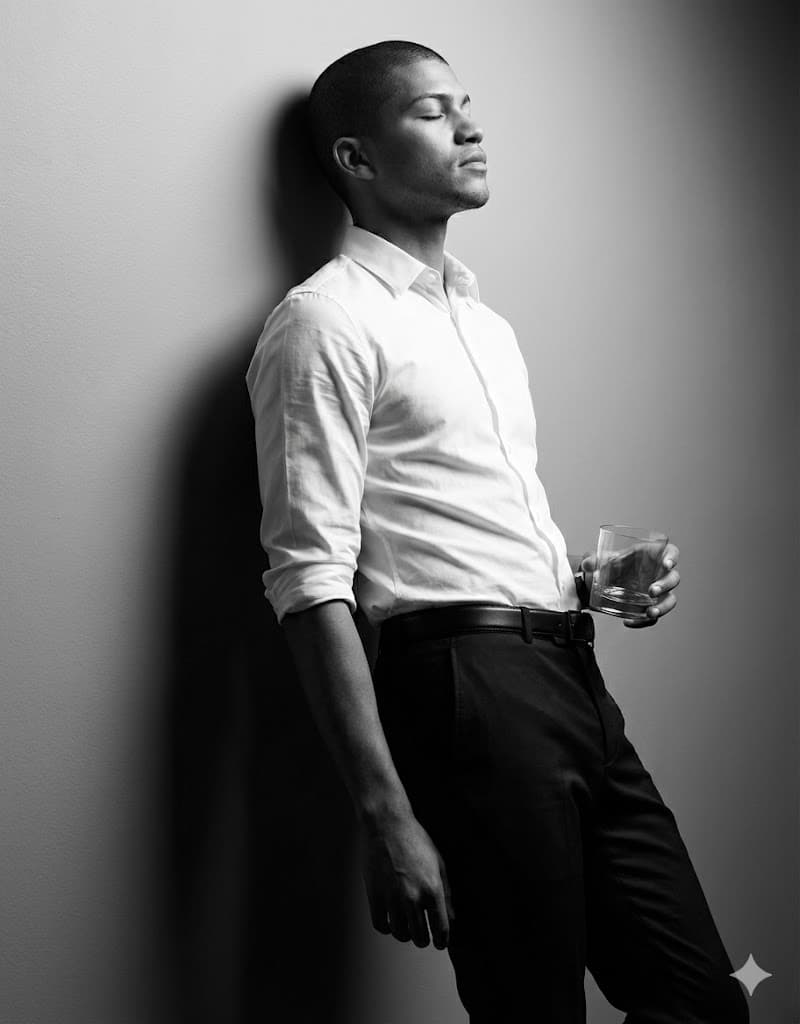 Nano Banana generated image: Um retrato cinematográfico em preto e branco meu, mantendo meu rosto real inalterado. Estou de perfil, encostado em uma parede lisa com uma postura relaxada, mas elegante. Minha cabeça está ligeiramente inclinada para trás, queixo levantado e olhos fechados, transmitindo uma sensação de calma e introspecção. Meu braço esquerdo repousa naturalmente ao longo do corpo, enquanto meu braço direito está dobrado, segurando um copo transparente na altura da cintura com uma pegada leve. Estou vestindo uma camisa social branca bem ajustada com as mangas casualmente arregaçadas até os cotovelos; o tecido está ligeiramente esticado no peito e nos braços, enfatizando uma silhueta sob medida. A camisa está bem dobrada dentro de calças escuras e bem ajustadas, presas com um cinto preto fino.
Sem acessórios adicionais, o visual permanece atemporal e minimalista. A iluminação é dramática e de alto contraste, com realces suaves acentuando os contornos do rosto, as dobras da camisa e o copo, enquanto sombras profundas intensif
