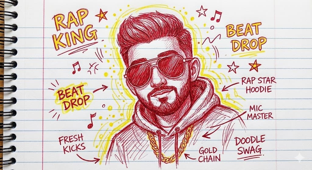 Nano Banana generated image: Generate a hand-drawn portrait illustration in red and yellow pen on notebook paper, inspired by doodle art and comic annotations. Keep full likeness of the subject, expressive lines, spontaneous gestures, bold outline glow, handwritten notes around, realistic pen stroke texture, 4K resolution