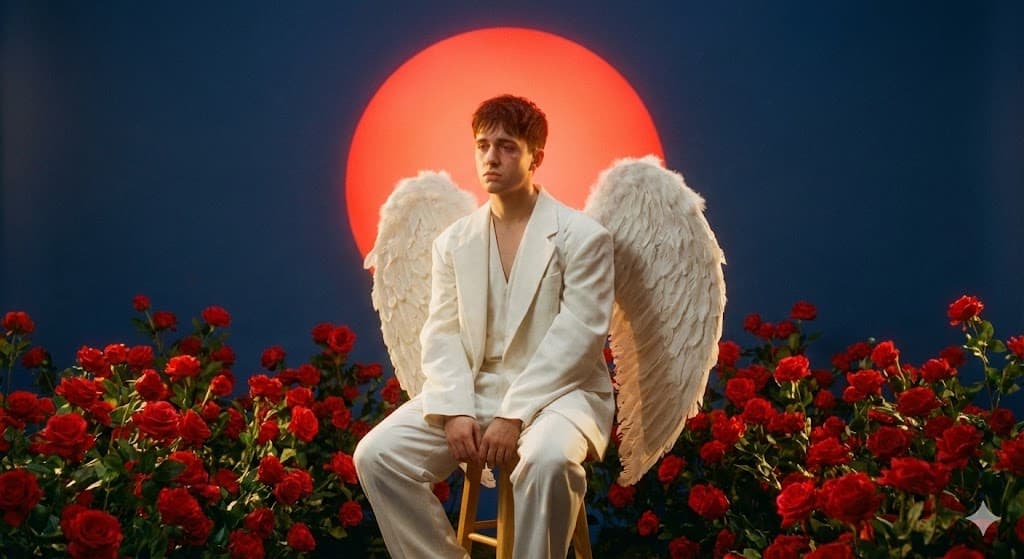 Nano Banana generated image: Fotografia analógica, retrato da cintura para cima de um jovem sentado em um banquinho em um estúdio com um fundo azul escuro sólido. Ele veste roupas brancas de vanguarda, oversized, com silhuetas largas e grandes asas de anjo detalhadas. Está rodeado por um grande e exuberante roseiral repleto de rosas vermelhas vibrantes, criando um forte contraste com o fundo azul. Atrás dele, um grande sol vermelho brilhante domina o fundo, adicionando uma iluminação dramática e quente e uma atmosfera surreal e simbólica. O rosto do jovem exibe uma expressão triste e contemplativa. A composição utiliza o contraste de cores complementares – rosas vermelhas e sol – contra o fundo azul para criar impacto visual, com iluminação suave e melancólica e uma sutil textura de granulação de filme, evocando uma cena poética e cinematográfica de arte.