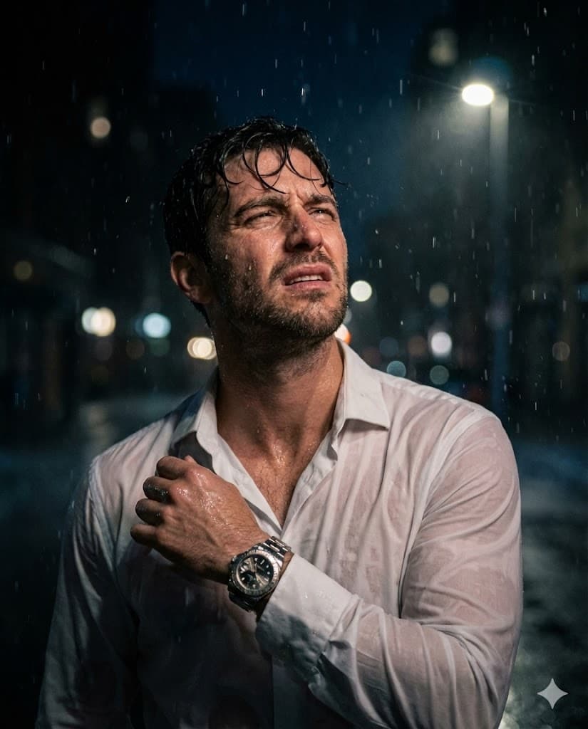 Nano Banana generated image: A hyper-realistic cinematic portrait of me standing in the rain at night. My hair is wet and tousled, raindrops glisten on my face, and i gazes upward with an intense, emotional expression. I wears a soaked white button-up shirt clinging to my body, and a luxury wristwatch gleams on his wrist. Dramatic moody lighting, deep shadows, water droplets frozen in motion, photography style.AR--4:5