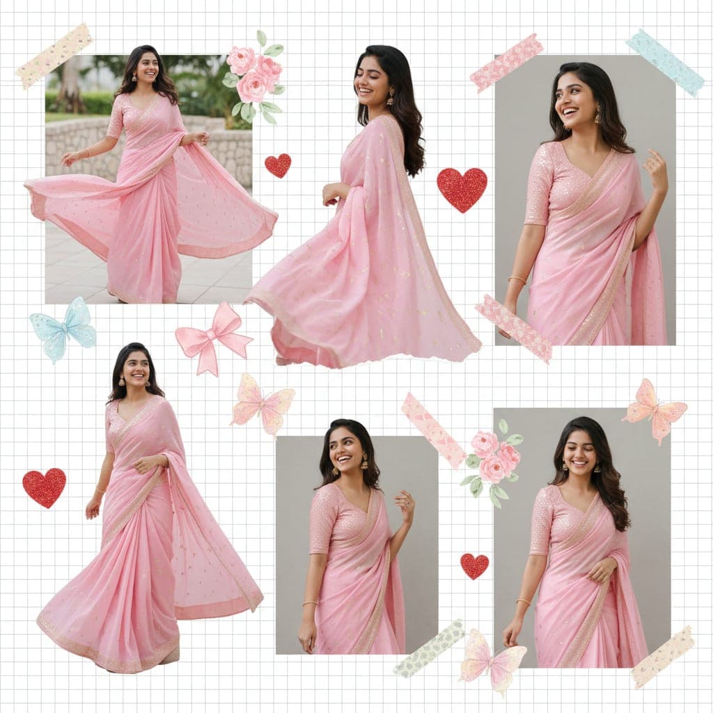 Nano Banana generated image: Dreamy scrapbook collage aesthetic of a girl in a shiny pastel pink saree, multiple angles and poses. Added stickers: bows, flowers, hearts butterflies. White grid background, cut-out effect, cute D decorative elements. Soft ighting, smooth skin, feminine aesthetic, Pinterest-style moodboard, ultra high quality,