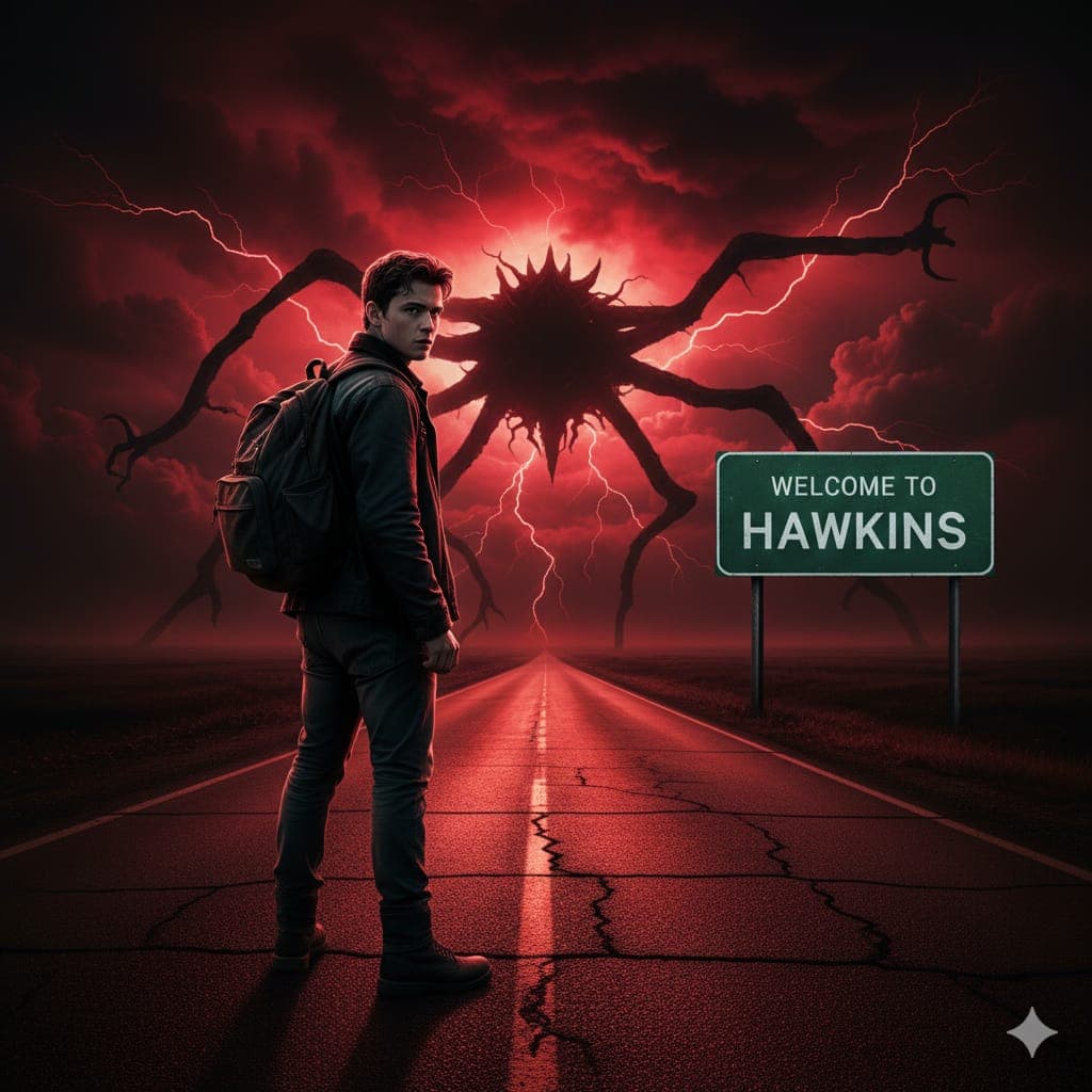 Nano Banana generated image: The scene shows me, standing in the centre of a deserted and cracked asphalt road. He has his back to the horizon, but turns his face over his left shoulder to face the viewer with a serious expression. He wears a dark jacket, jeans and boots, carrying a backpack on his back. strong thin body To his right, set on the side of the road, there is a green traffic sign that reads "Welcome to Hawkins" in white letters. The background is dominated by an apocalyptic and supernatural atmosphere. The sky is tinged with an intense blood red and black, covered by voluminous and dark storm clouds. In the middle of these clouds, stands the colossal and dark silhouette of a creature with multiple long tentacles (similar to a giant spider), which seem to touch the ground in the distance. Branched red lightning cuts the sky around the creature, and the red light reflects intensely on the road surface and on the boy's silhouette