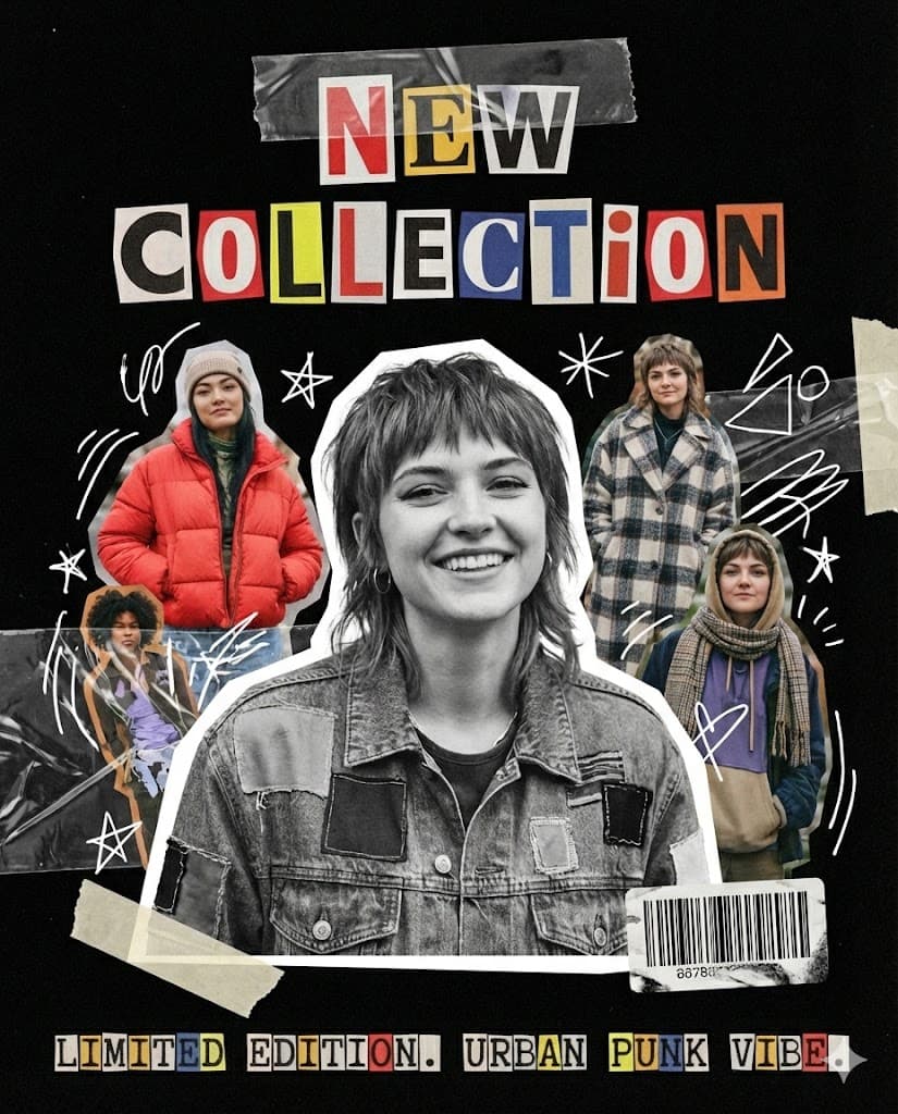 Nano Banana generated image: Instagram post for a mixed-media collage poster titled "NEW COLLECTION" in bold, eclectic typography. The design features a lo-fi, DIY zine aesthetic with a black grainy background and white scribbles elements. Included are several cutout photos of trendy young person (as in the uploaded photo , don't change face , keep face 100% as same as in the refrence image ) wearing eclectic street fashion like puffer jackets, winter wear . One large black-and-white cutout of a smiling person (as in the uploaded photo , don't change face , keep face 100% as same as in the refrence image ) with a white border dominates the foreground. Design elements include plastic wrap textures, tape marks, barcode patterns, and "ransom note" style lettering. High contrast, urban punk vibe, 90s nostalgia, grunge texture. --ar 4:5