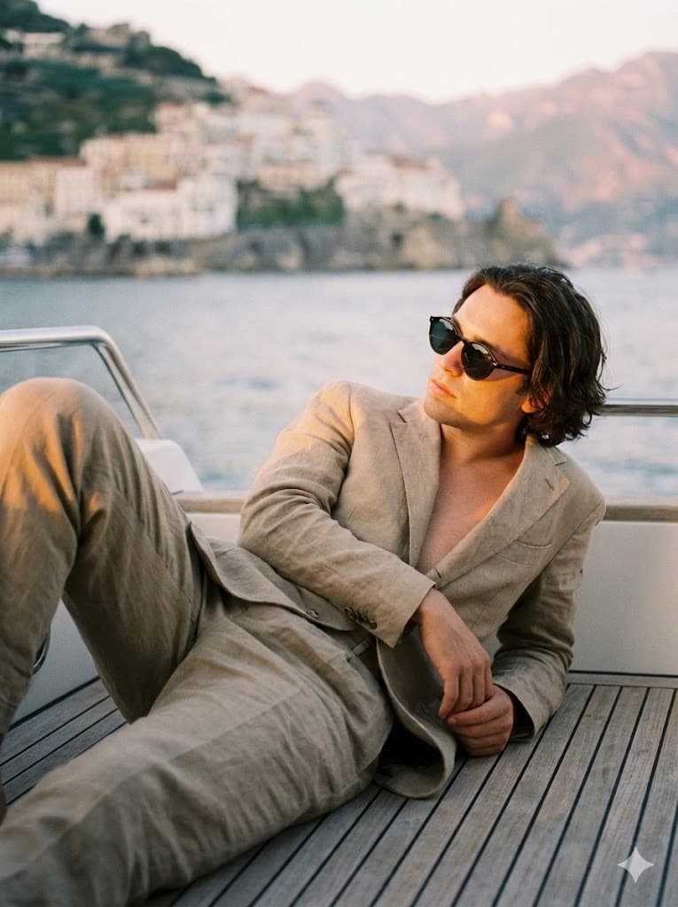 Nano Banana generated image: "A high-fashion editorial shot of a person relaxing on a private yacht deck during the golden hour. Wearing a beige linen suit and expensive sunglasses (optional). The background is the blurry Italian Amalfi coastline. Warm sunlight hitting the face, soft shadows, quiet luxury vibe, shot on 35mm film, grainy vintage texture. ar--3:4