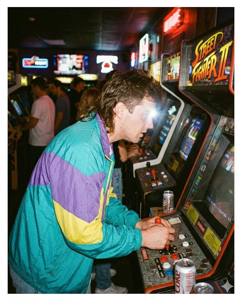 Nano Banana generated image: "A candid photograph from the 1990s inside a dimly lit retro arcade. The person is wearing a vintage color-block windbreaker, holding a joystick. Neon lights from arcade cabinets reflecting brightly on their face. Film grain, nostalgic color grading, flash photography look, authentic retro vibe. ar--4:5