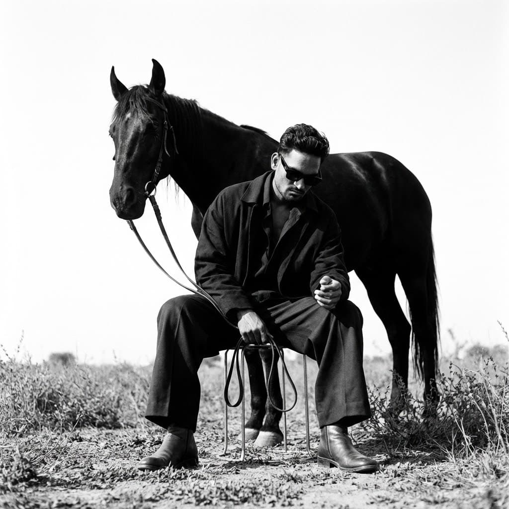 Nano Banana generated image: Photograph me sitting low on a minimalist metal stool, leg spread forward, and in a relaxed grounded face fleet planted on eventer, one hand loosely resting betweer the knees, holding thin leather rains, shoulder sliahtlv slouched, Head title downward in a calm intro, prospective expression, the subiect wear, dark oversized laver, clothing wild leg trousers, leather boots, and dark sunglasses. A strong Black horse stanc closely behind the seated, fiqure, aligned, protectively, and partially overlapping. The subiects chillout open natural landscape with rare round and wild grass, bright overexposed sky, creating strong negative space high contrast, lighting, diplex, soft highlights, Matt texture, timeless cinematic mood. medium format. film, look, stubborn grain, mono Chrome, fine art, fashion, editorial, great luxury photography, don't harm the quality of the picture. Give me in 1080p quality.
